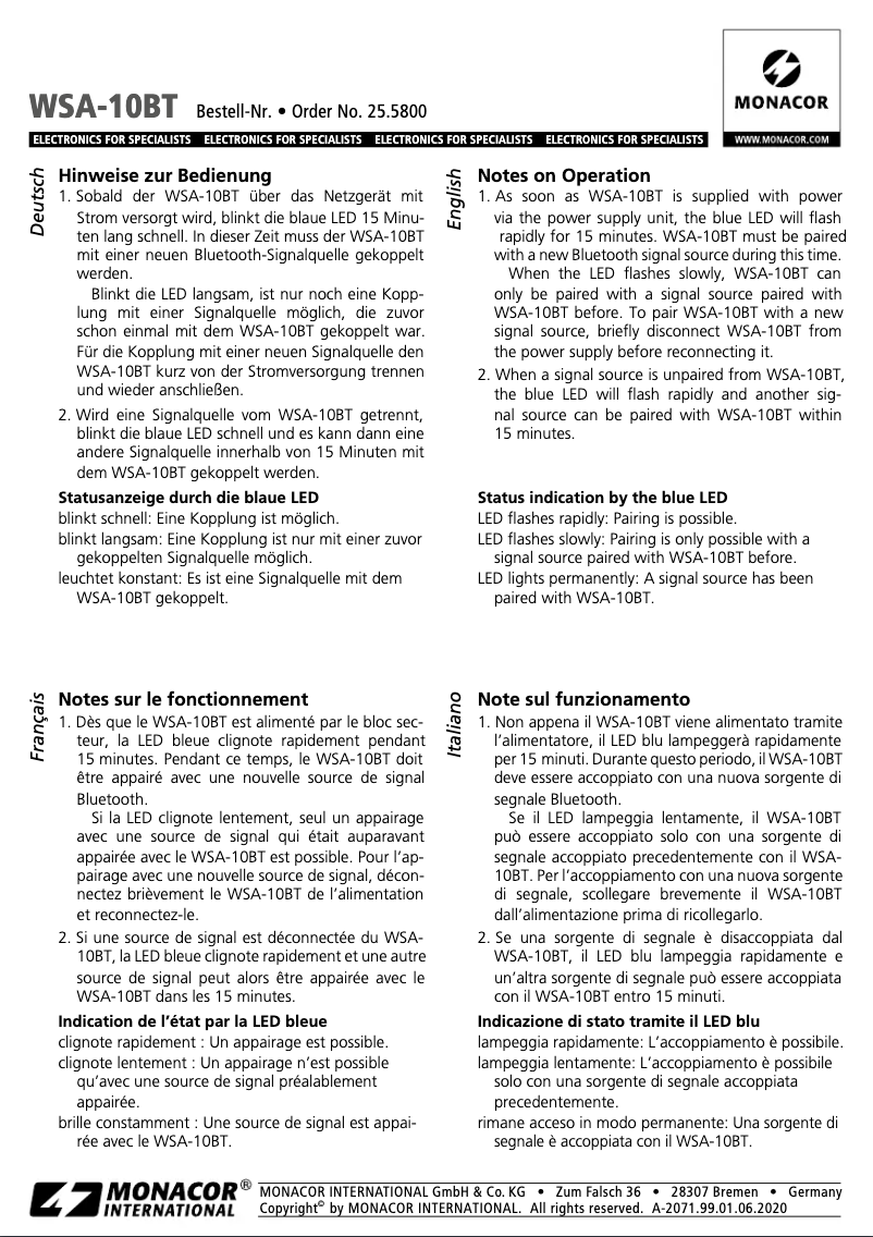 Página 1 del manual Manual de usuario Monacor WSA-10BT