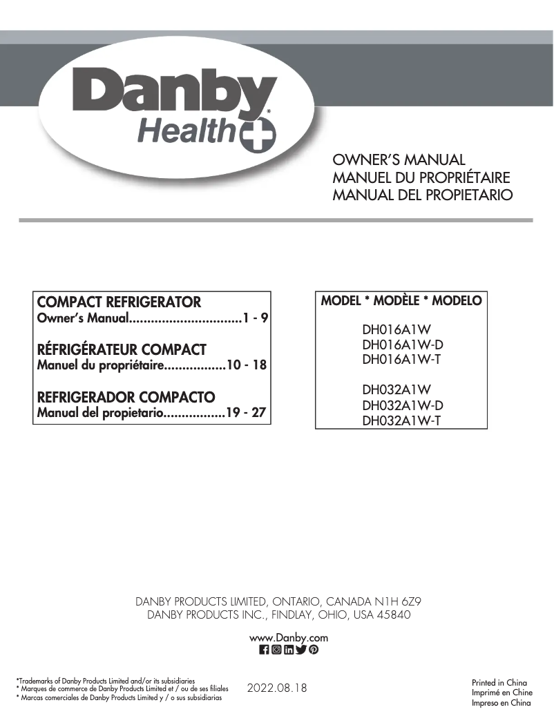 Page n°1 - Manuel utilisateur Danby DH032A1W-1