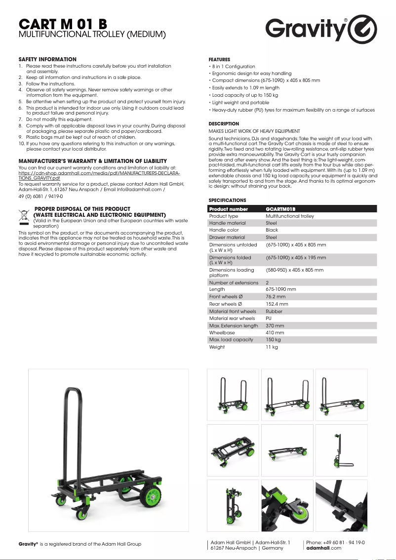 Page 1 de la notice Manuel utilisateur Gravity CART M 01 B