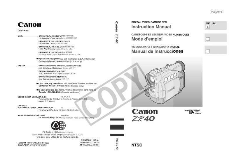 Page 1 de la notice Manuel utilisateur Canon ZR40
