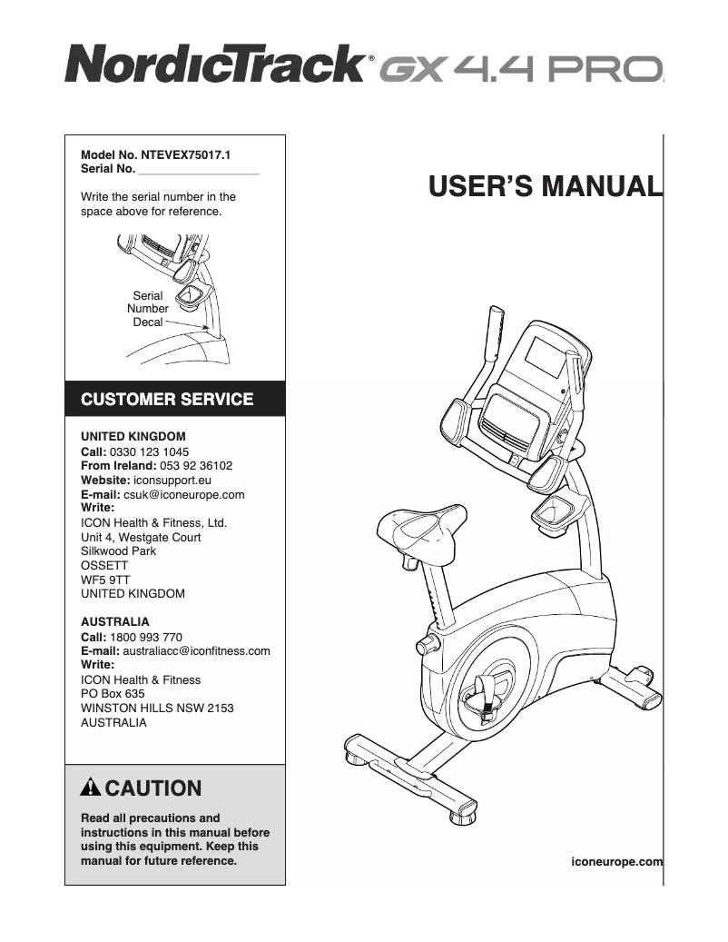 Page n°1 - Manuel utilisateur NordicTrack GX 4.4 Pro
