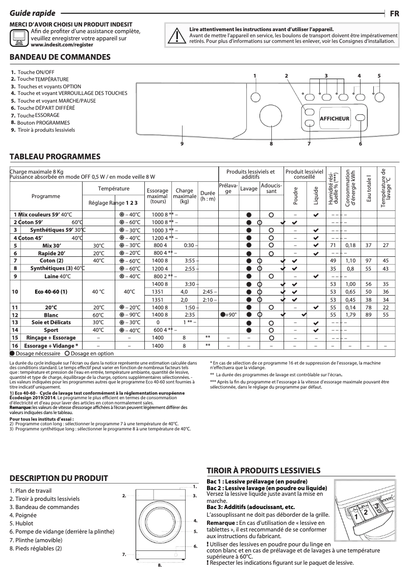 Page n°1 - Manuel utilisateur Indesit EWE81483WFR N