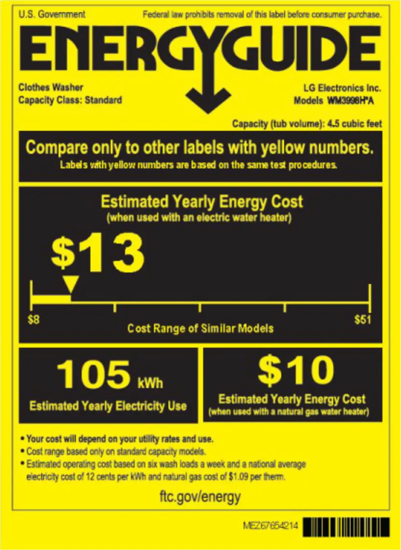 Page 1 de la notice Label énergétique LG WM3998HBA