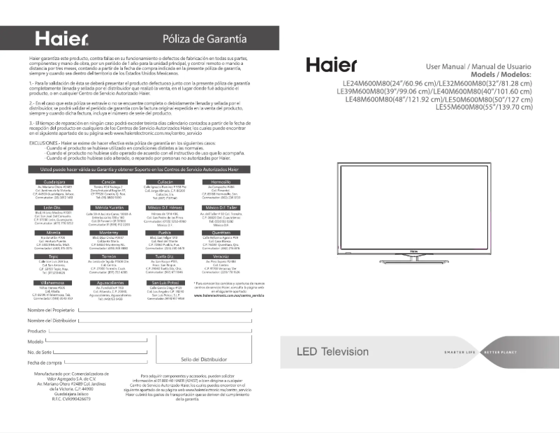 Page 1 de la notice Manuel utilisateur Haier LE40M600M80