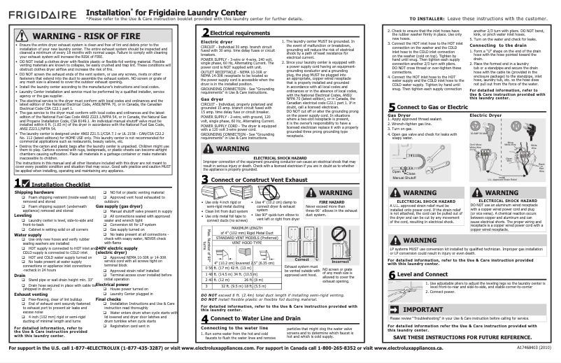 Page 1 de la notice Guide d'installation Frigidaire FLCE7522AW