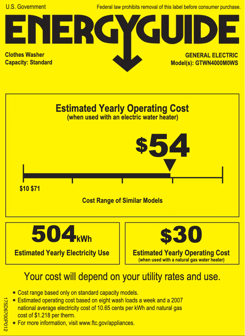 Page 1 de la notice Label énergétique GE GTWN4000MWS