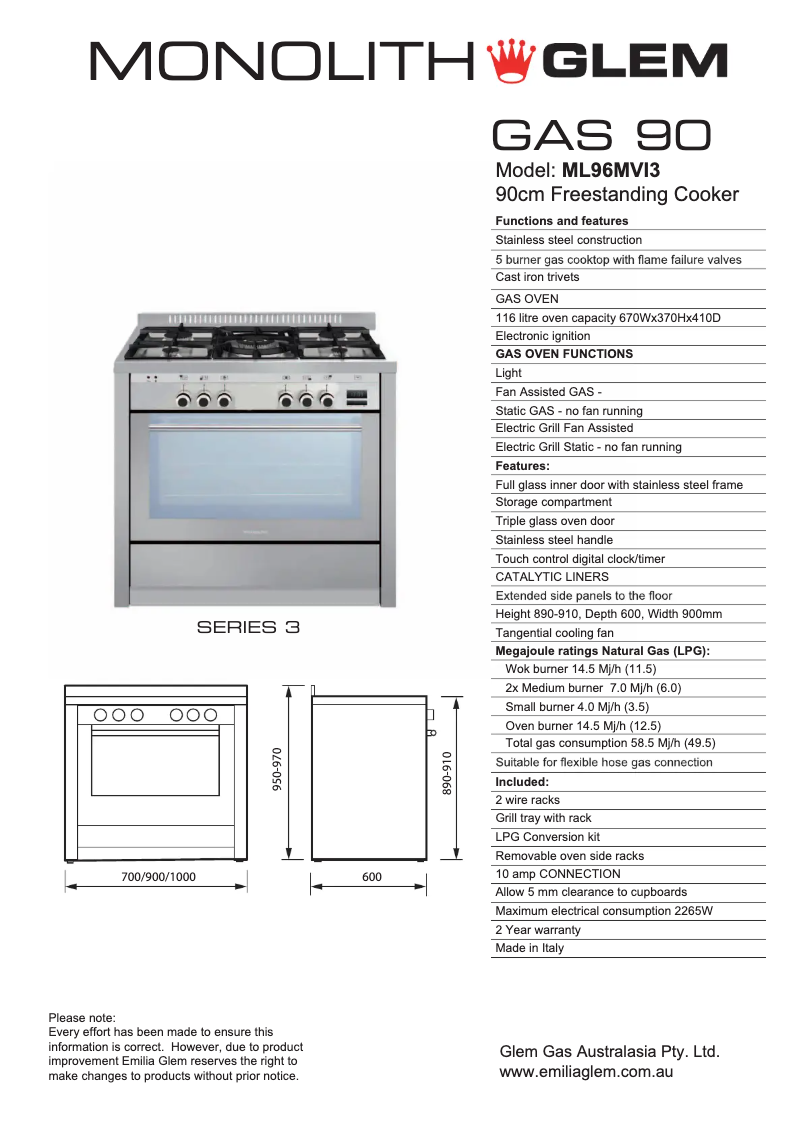 Page n°1 - Fiche technique Glem Gas ML96MVI3