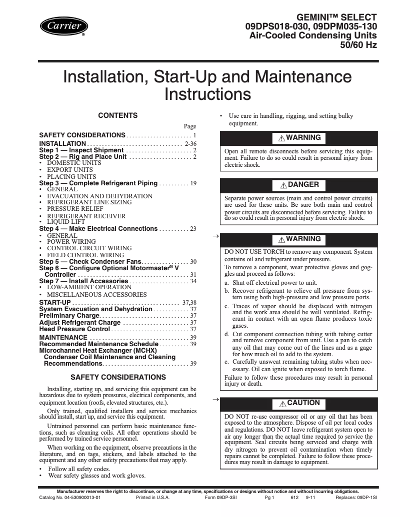 Page n°1 - Manuel utilisateur Carrier Gemini 09DP