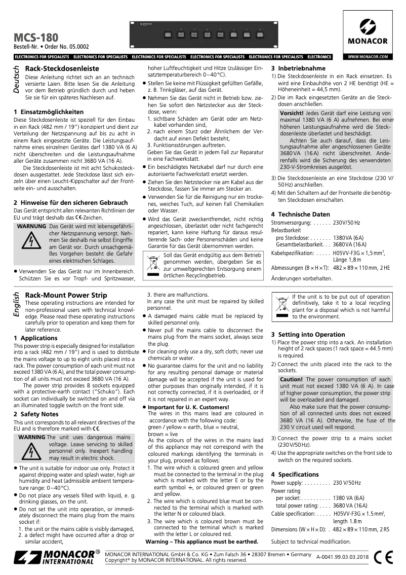 Page 1 de la notice Manuel utilisateur Monacor MCS-180