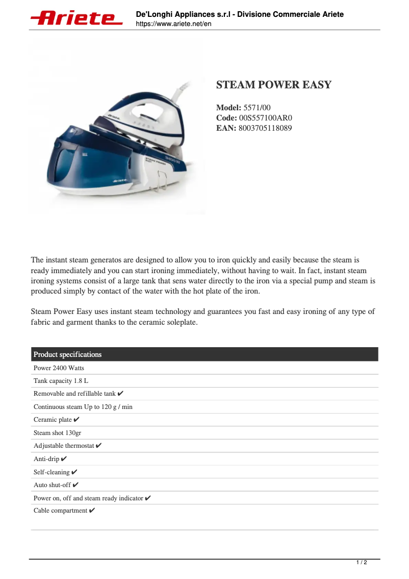 Image de la première page du manuel de l'appareil Steam Power Easy 5571