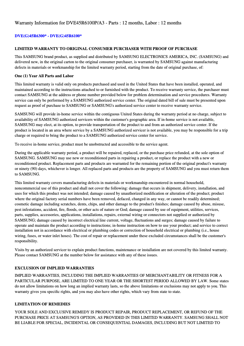 Page 1 de la notice Informations de garantie Samsung DVE45R6100P