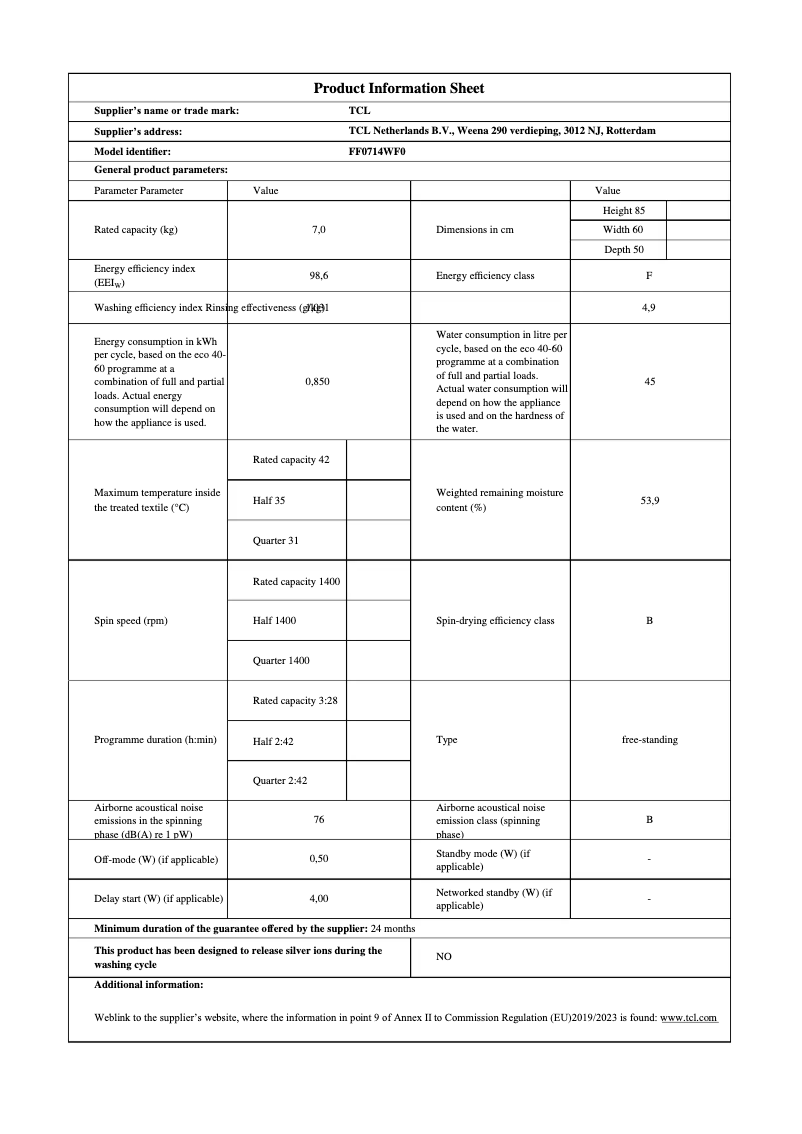 Page 1 de la notice Fiche technique TCL FF0714WF0