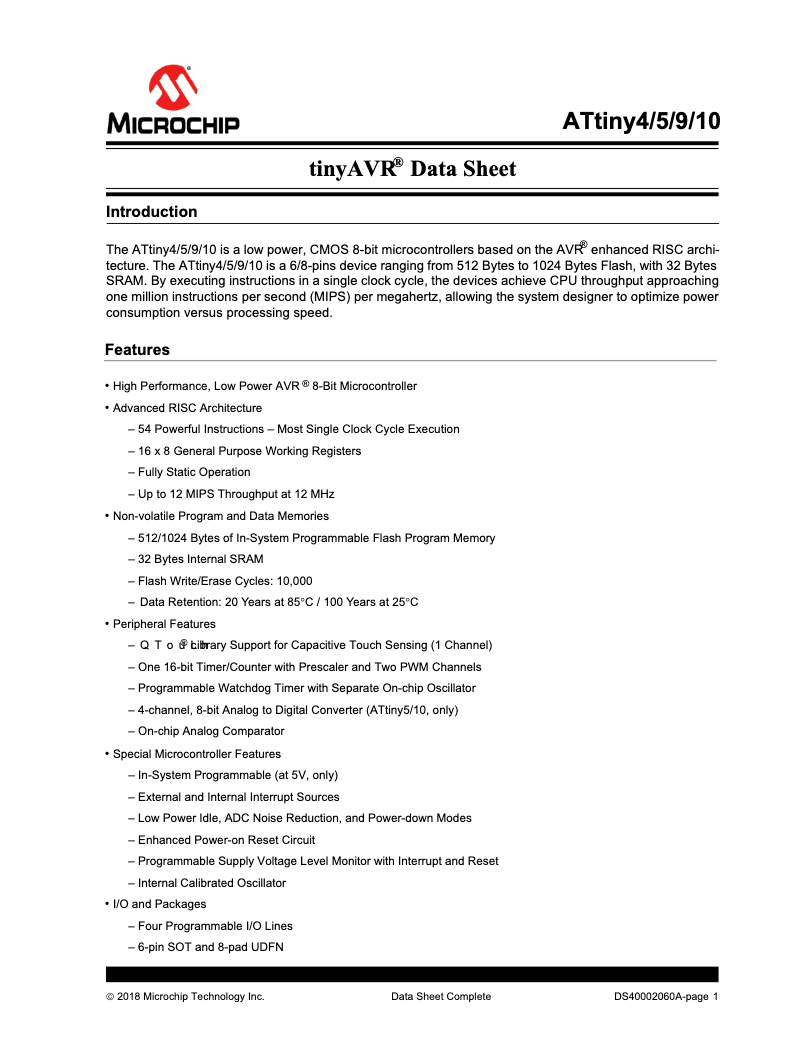 Page 1 de la notice Fiche technique Microchip ATTINY4
