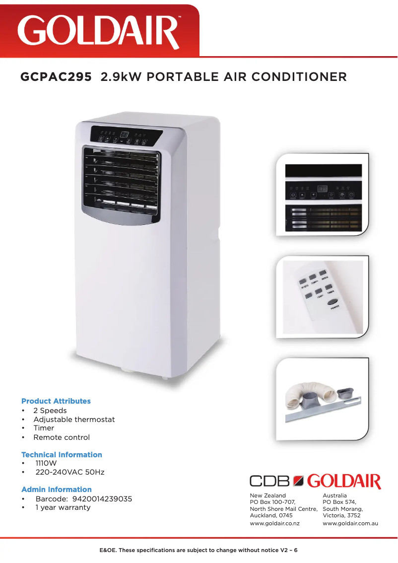 Page 1 de la notice Fiche technique GoldAir GCPAC295