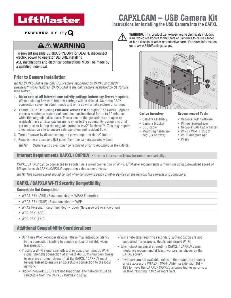 Page n°1 - Manuel utilisateur LiftMaster CAPXLCAM