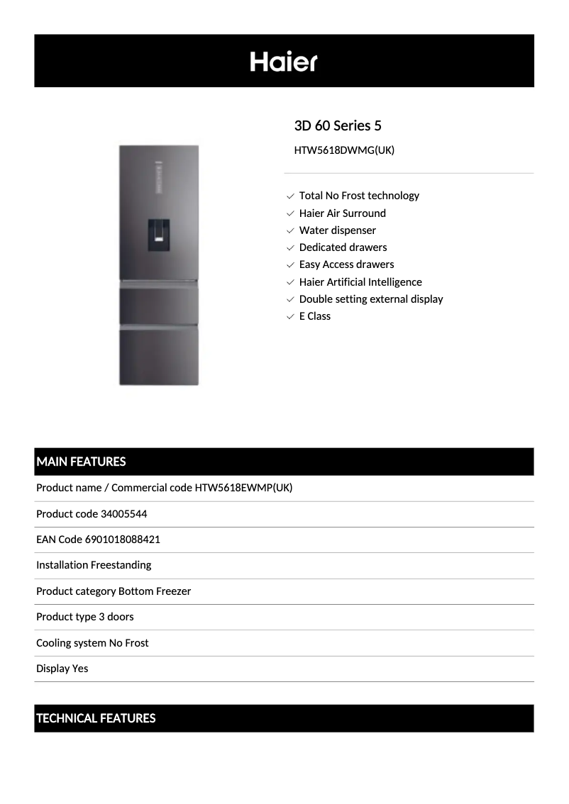 Page 1 de la notice Fiche technique Haier HTW5618DWMG