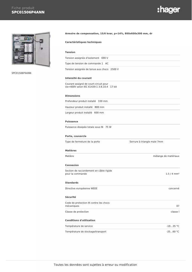Page 1 de la notice Fiche technique Hager SPC01506P4ANN