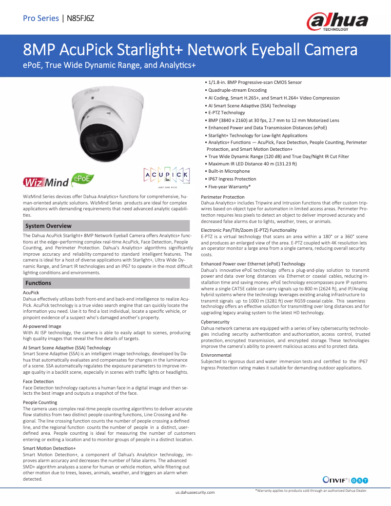 Page 1 de la notice Fiche technique Dahua Technology N85FJ6Z