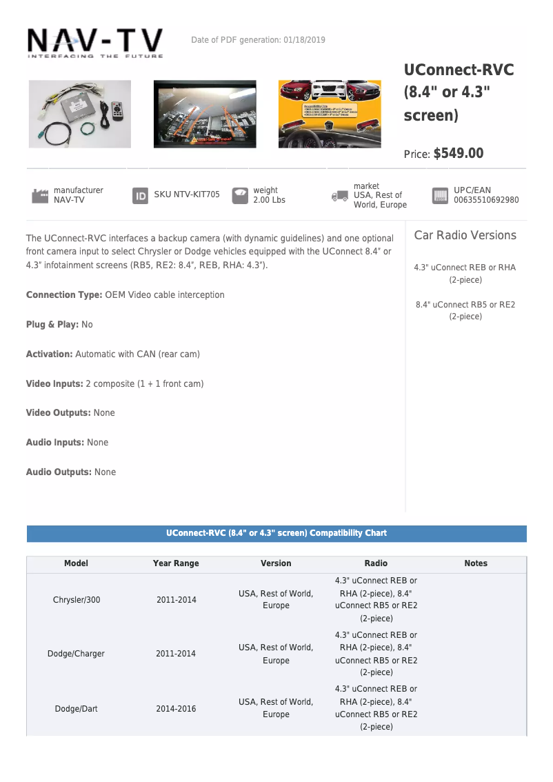 Page n°1 - Fiche technique NAV-TV NTV-KIT705