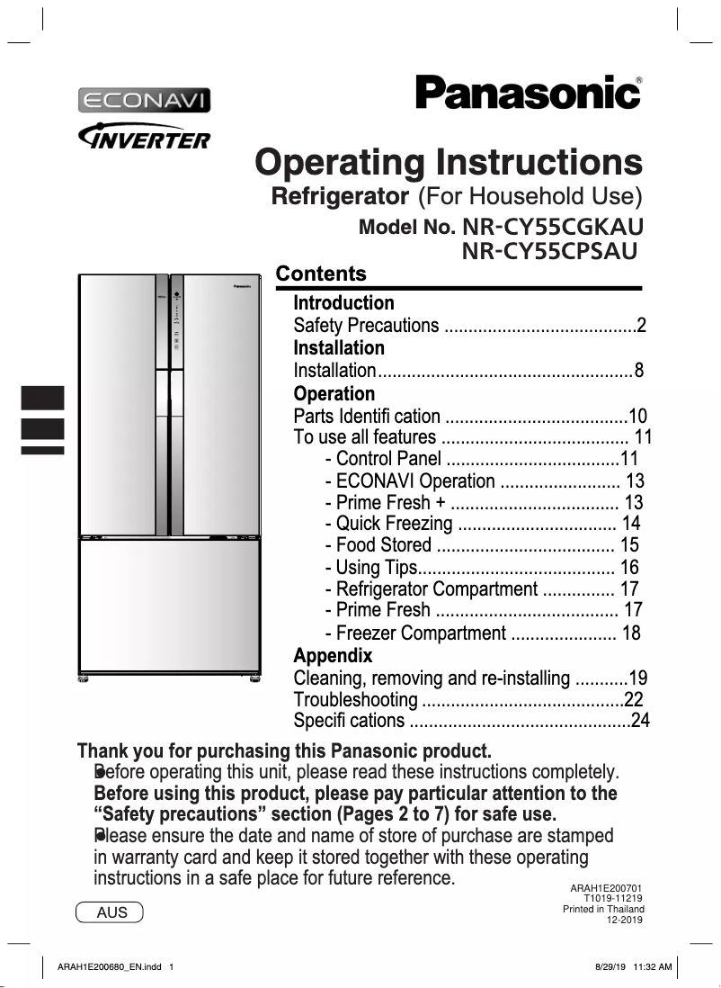 Page 1 de la notice Manuel utilisateur Panasonic NR-CY55CGKAU