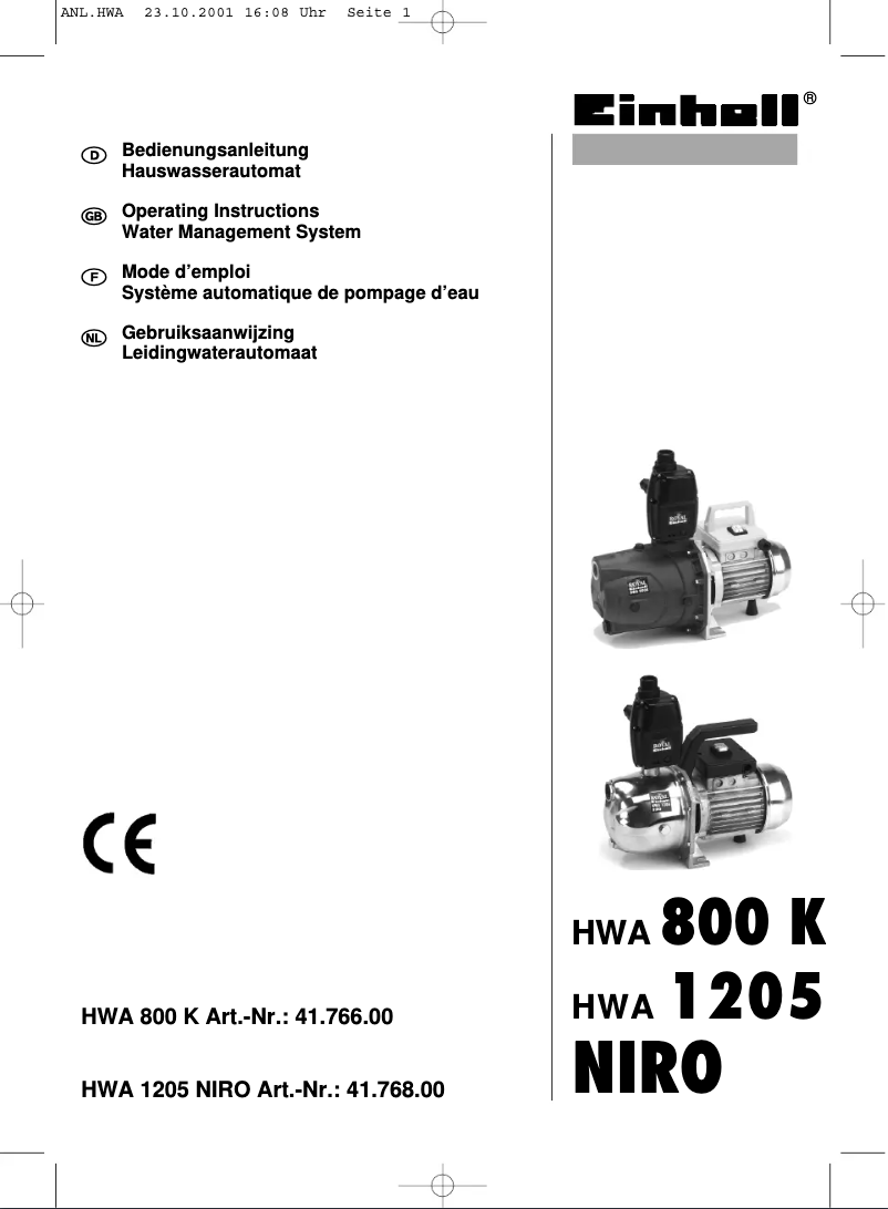 Page 1 de la notice Manuel utilisateur Einhell HWA 1205 NIRO