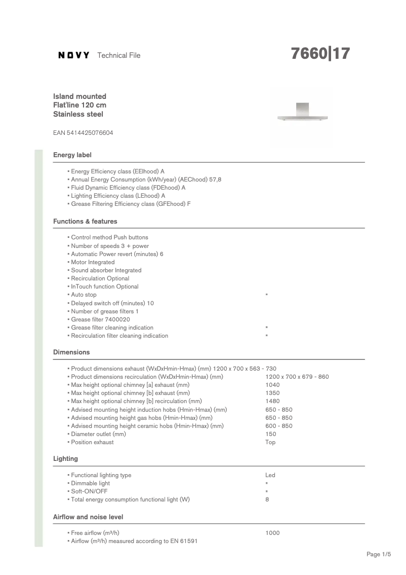 Page 1 de la notice Fiche technique Novy Flat'line 7660