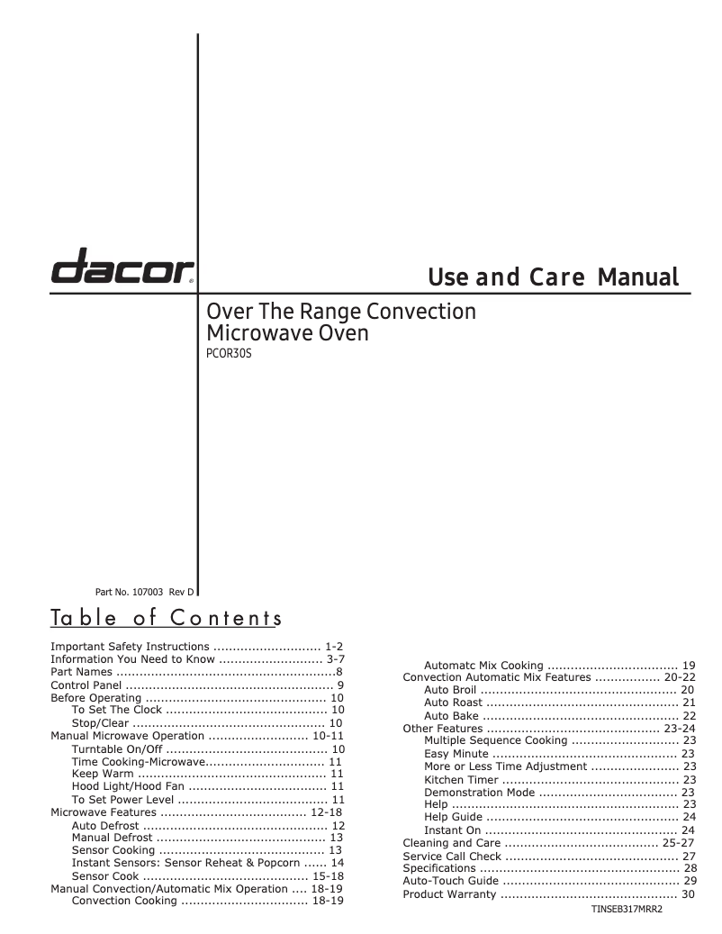 Page 1 de la notice Manuel utilisateur Dacor PCOR30S