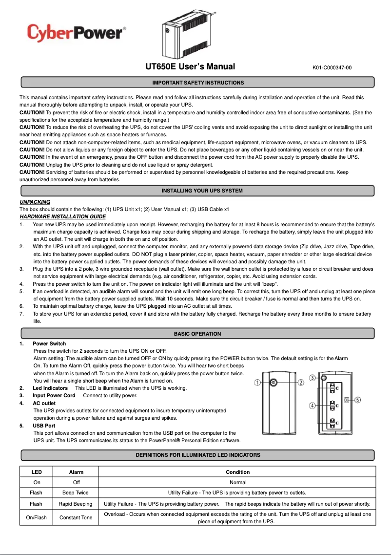 Page 1 de la notice Manuel utilisateur CyberPower UT650E