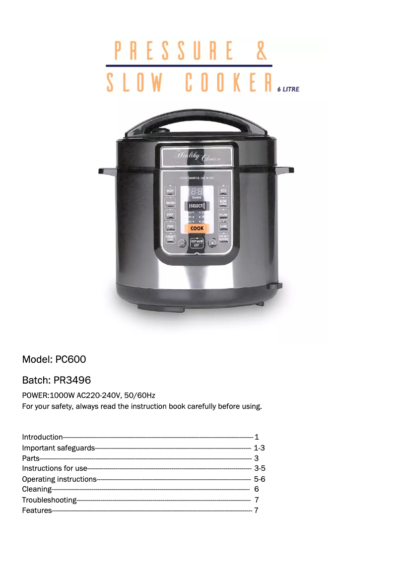 Page 1 de la notice Manuel utilisateur Lenoxx Healthy Choice PC600