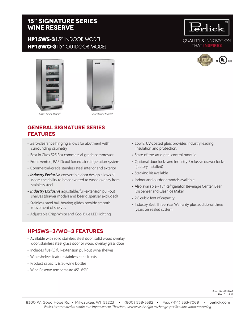 Page 1 de la notice Fiche technique Perlick Signature Series HP15WO-3-2R