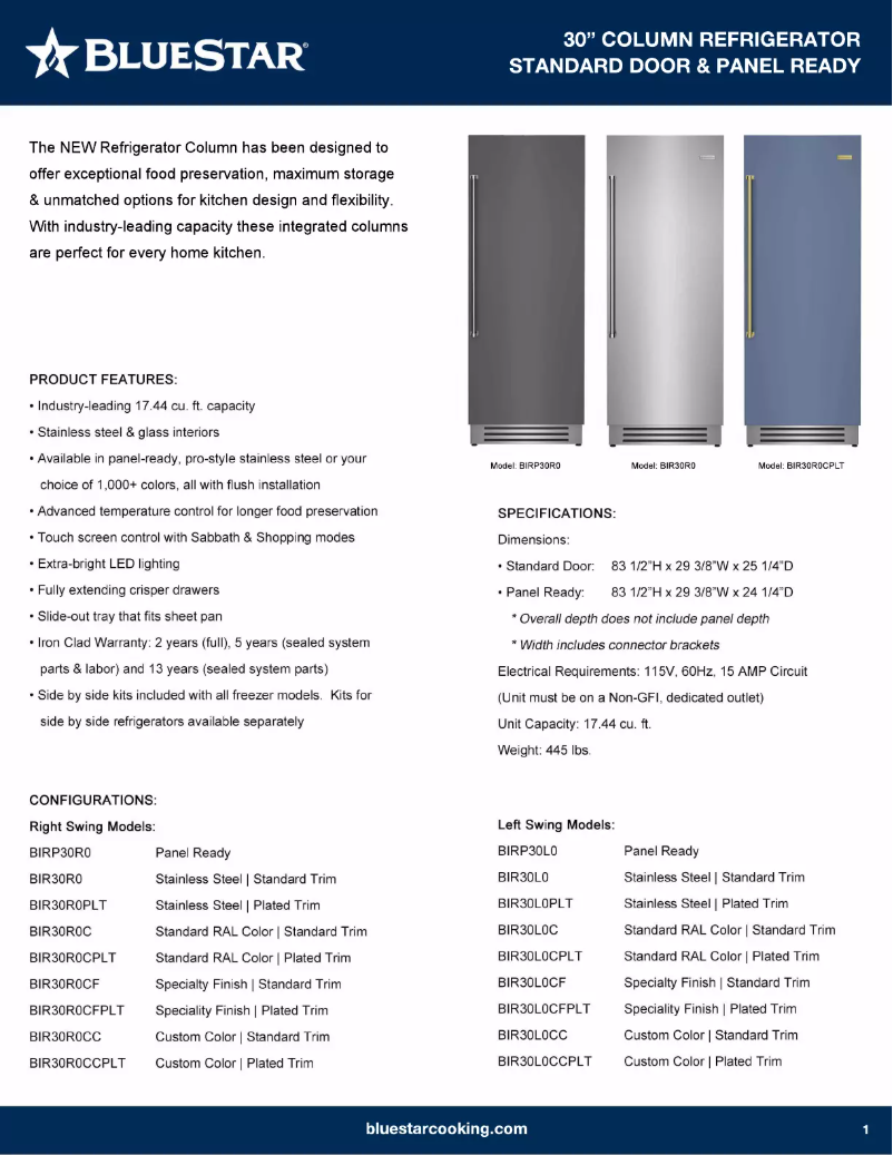 Page 1 de la notice Fiche technique BlueStar BIR30L0