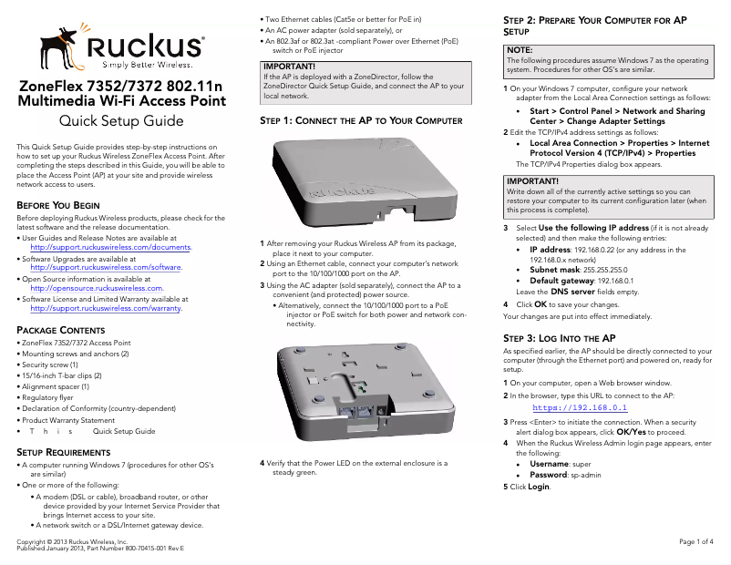 Page 1 de la notice Manuel utilisateur Ruckus Wireless ZoneFlex 7372