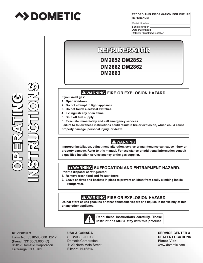 Page 1 de la notice Manuel utilisateur Dometic RM 2554