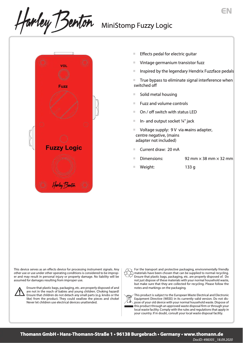 Page 1 de la notice Manuel utilisateur Harley Benton MiniStomp Fuzzy Logic