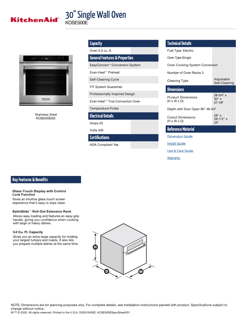 Página 1 del manual Ficha técnica KitchenAid KOSE500E