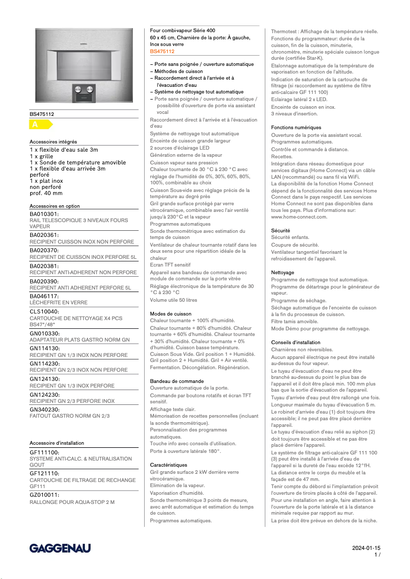 Page 1 de la notice Fiche technique Gaggenau BS475112