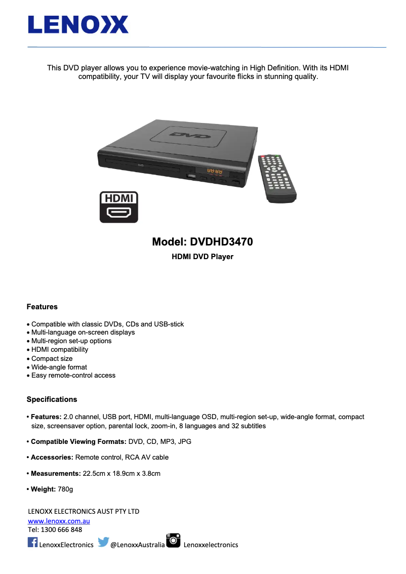 Page 1 de la notice Fiche technique Lenoxx DVDHD3470