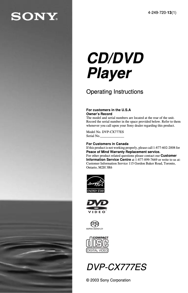 Page n°1 - Manuel utilisateur Sony DVP-CX777ES