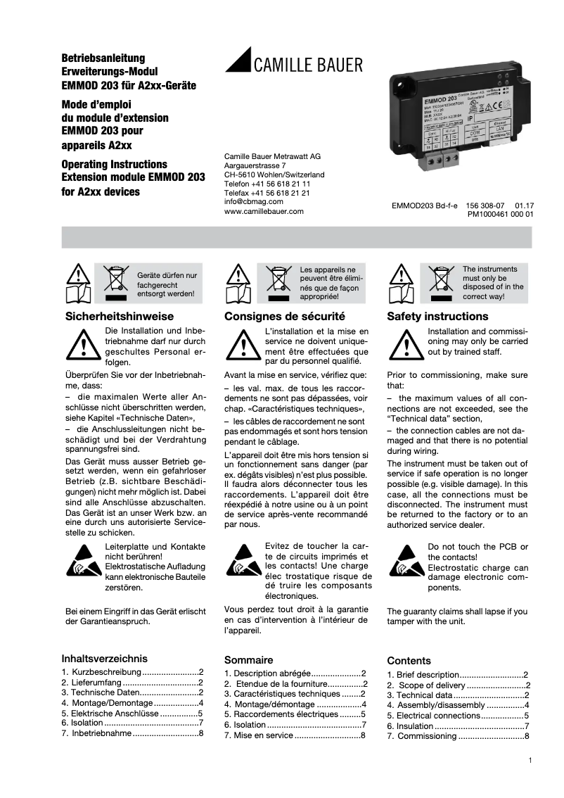 Página 1 del manual Manual de usuario Camille Bauer EMMOD203