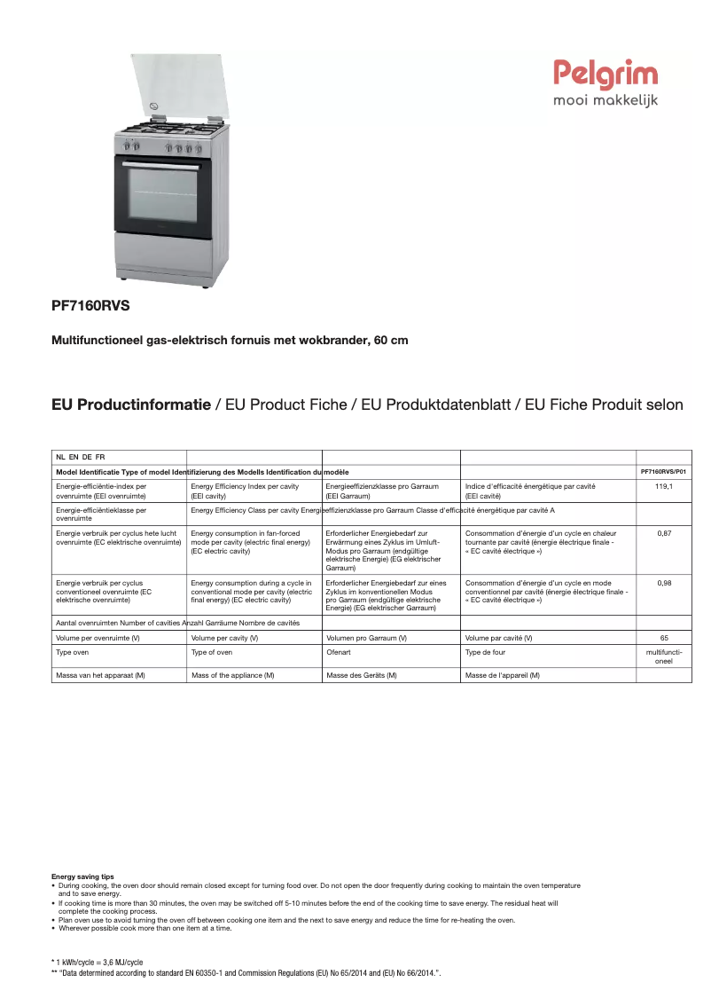 Page n°1 - Fiche technique Pelgrim PF7160RVS
