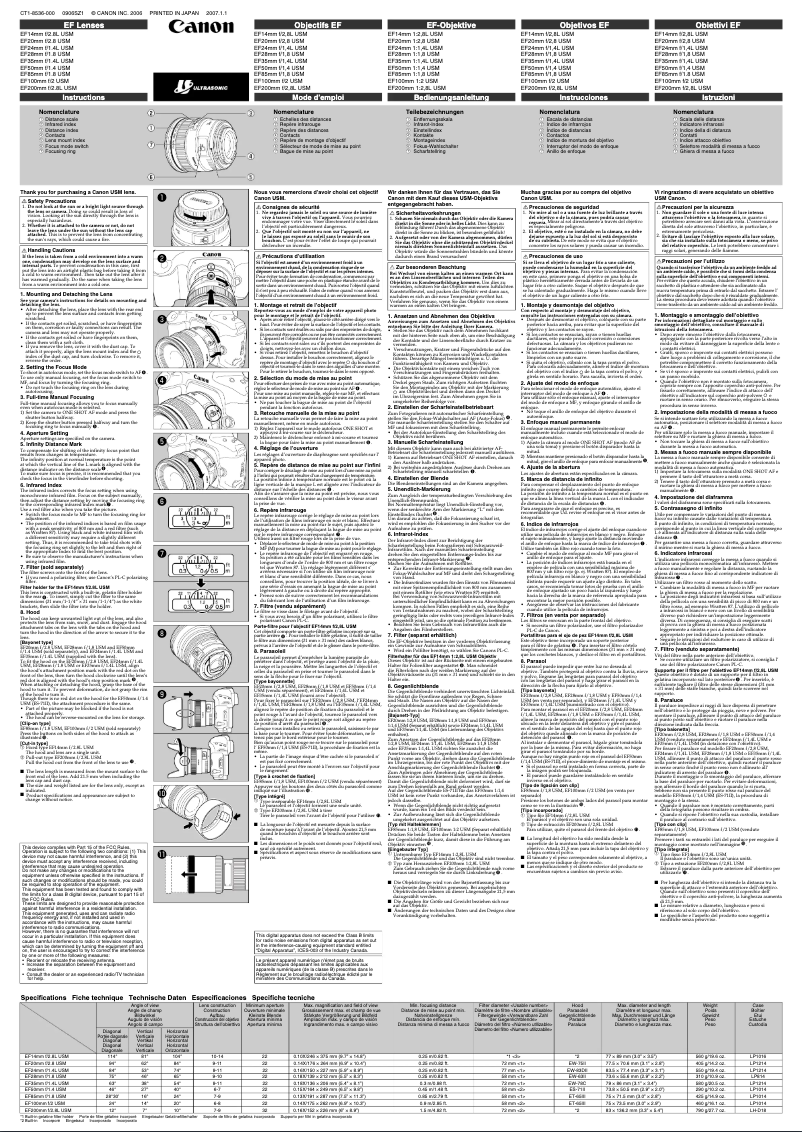 Image de la première page du manuel de l'appareil EF 85 mm f1,8 USM