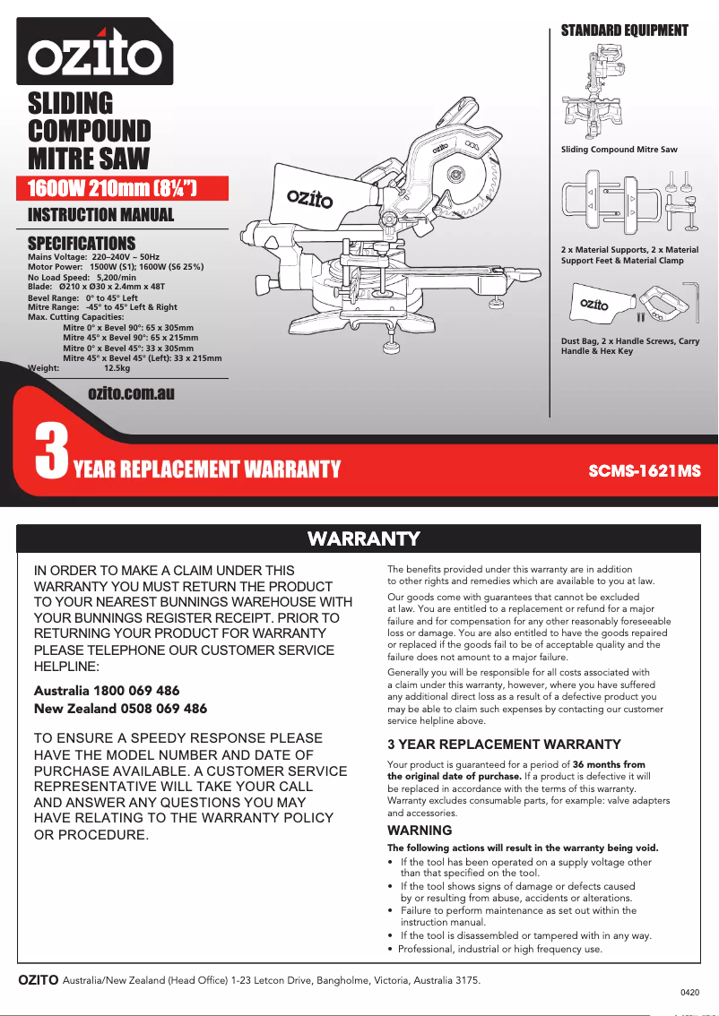 Page n°1 - Manuel utilisateur Ozito SCMS-1621MS