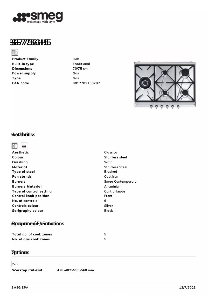 Page n°1 - Fiche technique Smeg SE775GH5