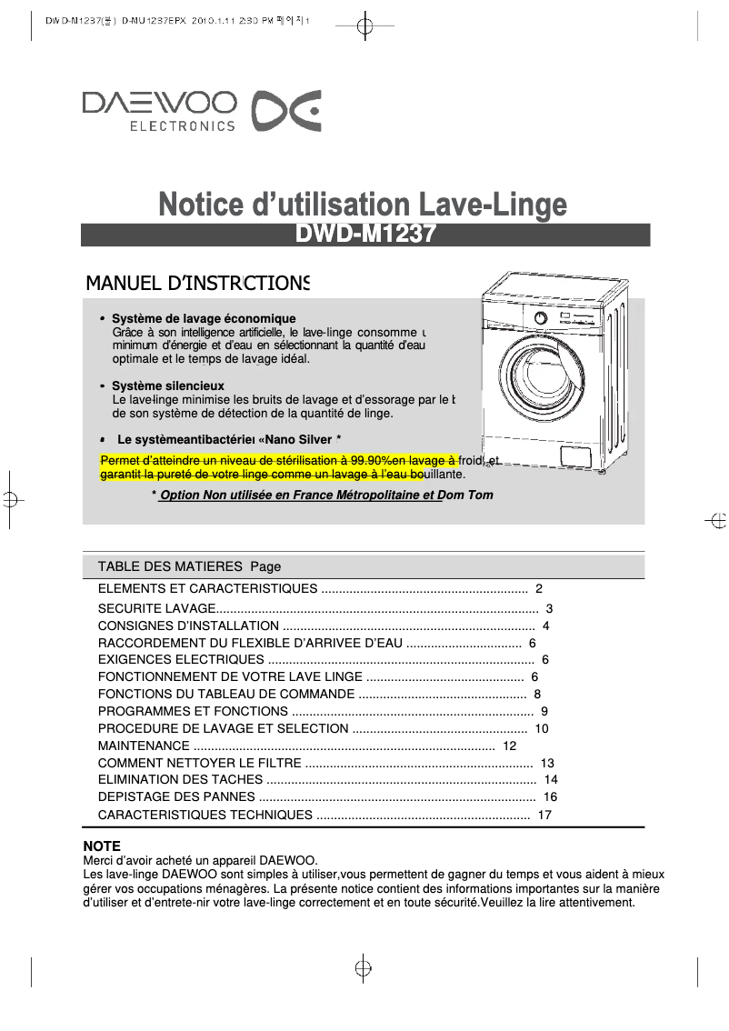 Page 1 de la notice Manuel utilisateur Daewoo DWD-M1237