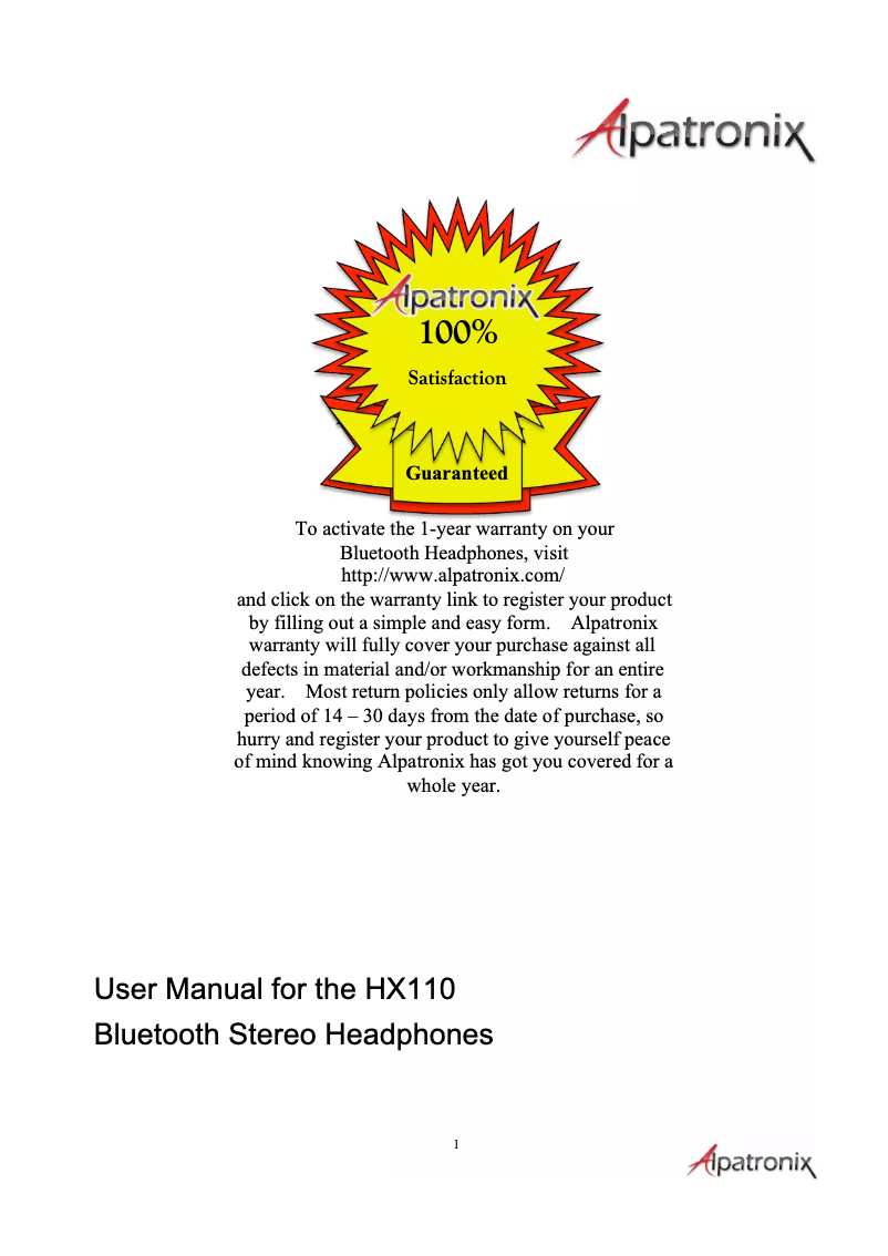 Page 1 de la notice Manuel utilisateur Alpatronix HX110