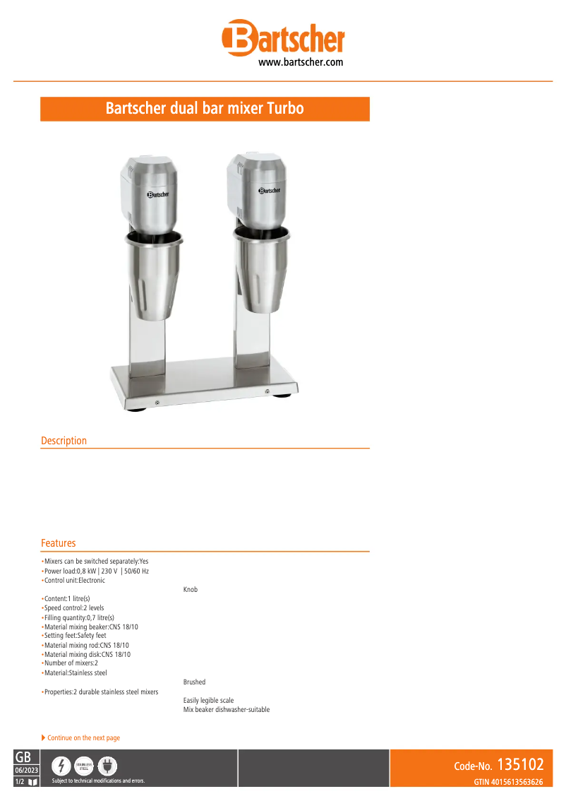 Page 1 de la notice Fiche technique Bartscher 135102