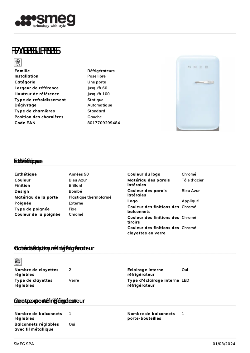 Page n°1 - Fiche technique Smeg FAB5LPB5