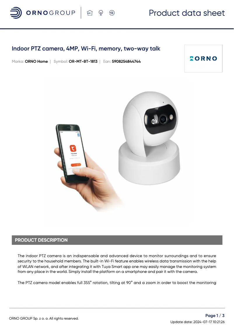 Page 1 de la notice Fiche technique ORNO OR-MT-BT-1813