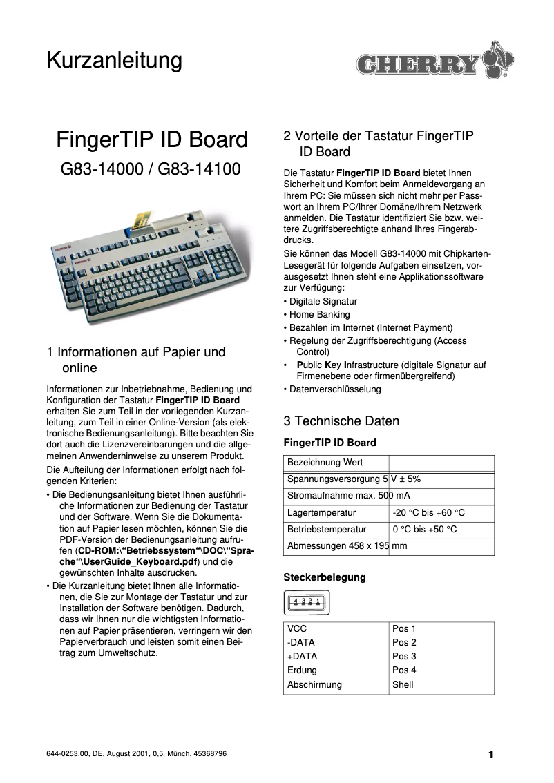 Page 1 de la notice Manuel utilisateur Cherry FingerTIP ID Board G83-14001