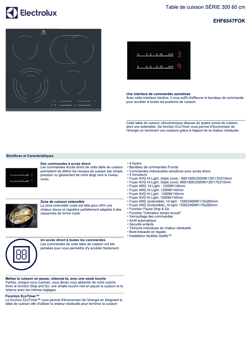 Page 1 de la notice Fiche technique Electrolux EHF6547FOK